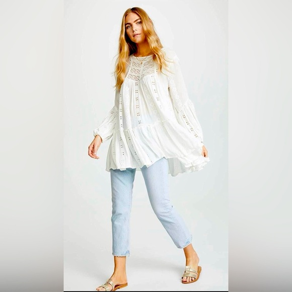 Free People White Kiss Kiss Tunic Hippie Flowy Boho Lace Size XS - Picture 1 of 6